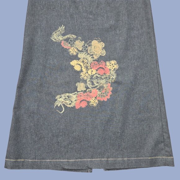 Vintage 90s Black Denim Maxi Skirt Dragon Print Size M US 10 Grunge Rave Boho - Picture 4 of 9